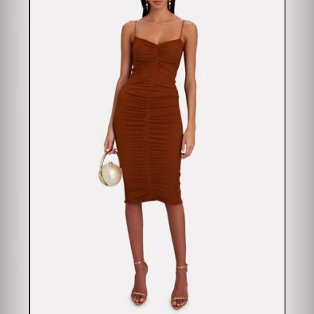 Nwt Enza Costa Ruched Silk Midi Dress X-Small $228 In Umber Red